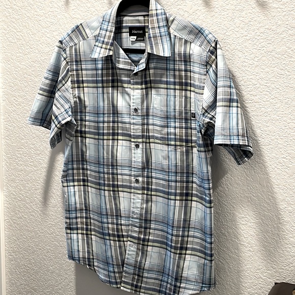 Marmot short sleeve plaid blue white mens sz M shirt ☀️ - Picture 1 of 4
